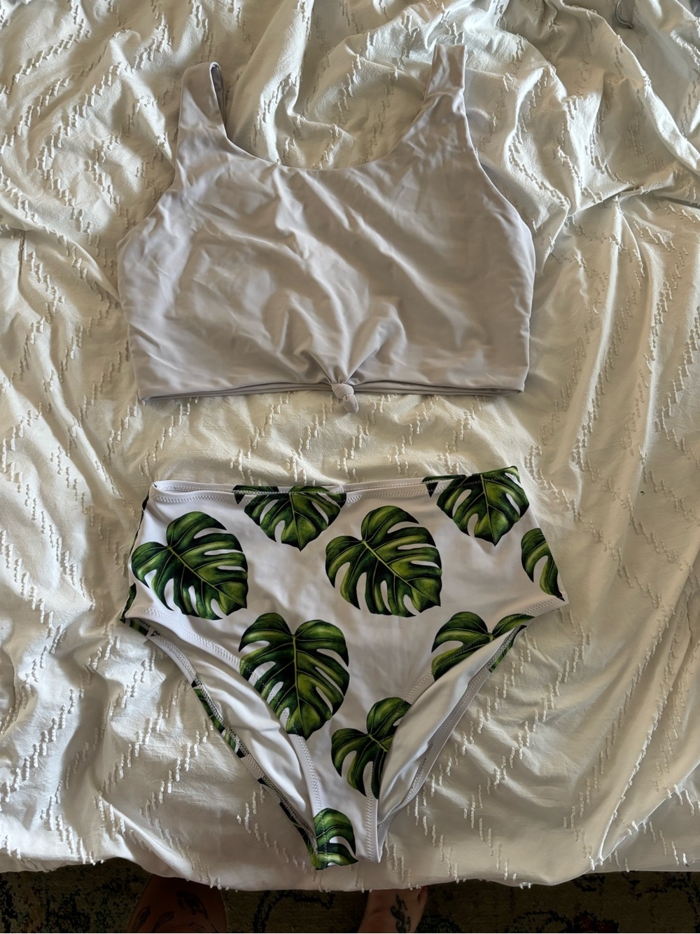 High-Waist Tropical Leaf Maternity Bikini Set - White & Green
